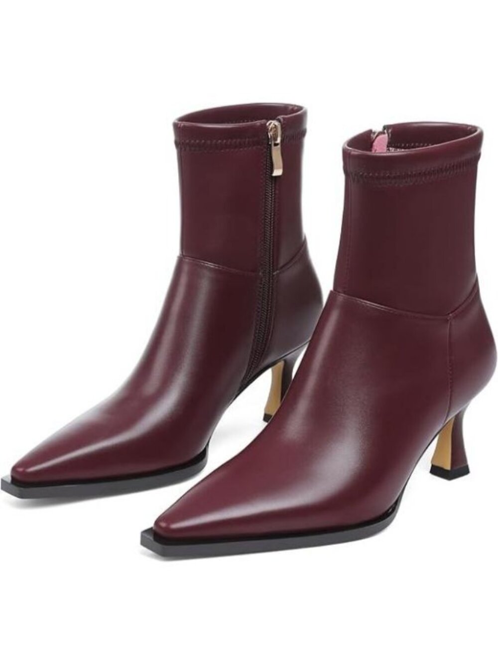 Women's Fall Boots With Side Zip Ankle Pointed Toe Kitten Heel Burgundy